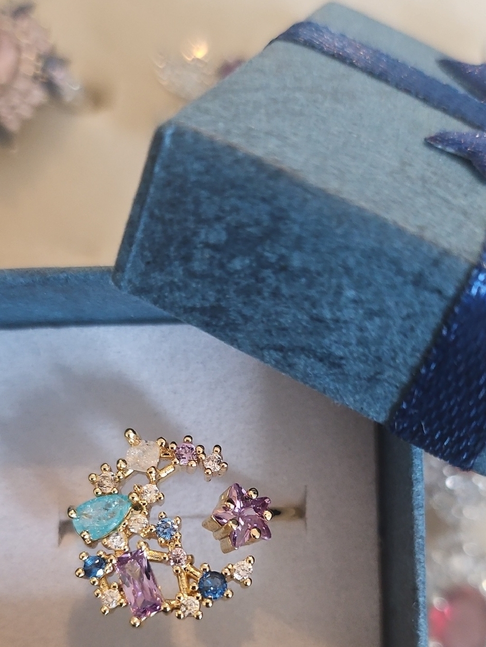 Gold Tone Multi-Stone Crescent & Star Stud Ring - Purple & Blue